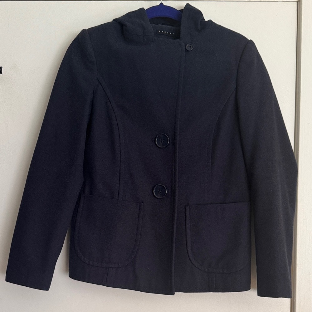 Sisley Women's Navy Button-Up Woolen Hooded Jacket